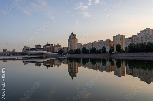 View on Azirbaijan Mambetov street from Karaotkel bridge at sunrise time. Nur-Sultan, Kazakhstan.