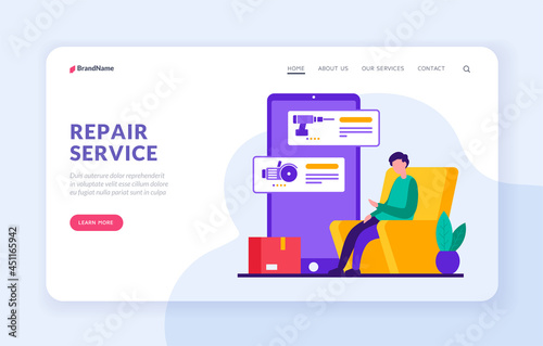 Repair online service. Digital mobile application for calling technicians. Selection of websites with best centers for repair and maintenance of equipment. Vector home page flat banner