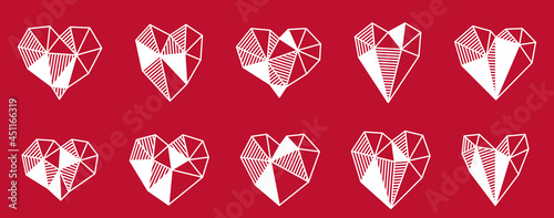 Low poly geometric hearts vector icons or logos set, graphic design 3d love theme elements, polygonal dimensional hearts.