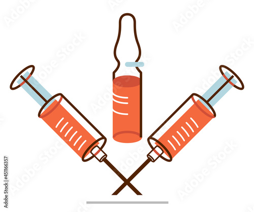 Vaccination theme vector illustration of a syringe with ampules isolated over white, epidemic or pandemic coronavirus covid 19 or flu or SARS or any other vaccine, pharmacology concept.