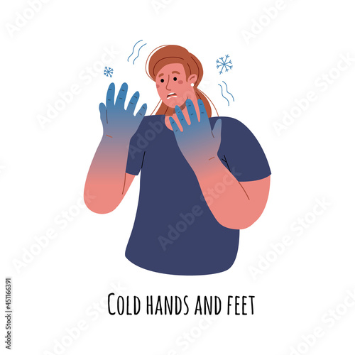The woman has a fever and her hands are frozen,the girl caught a cold, caught a virus.Vector flat illustration.