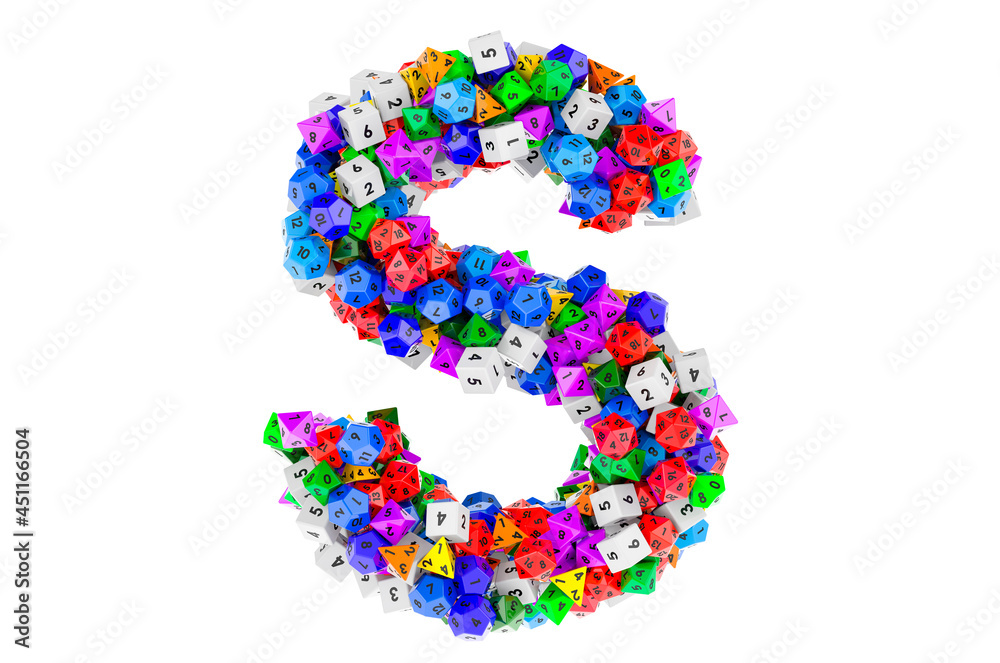 Alphabet letter S, from colored roleplaying dice. 3D rendering