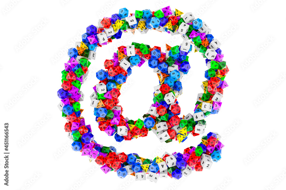 E-mail, at sign from colored roleplaying dice. 3D rendering