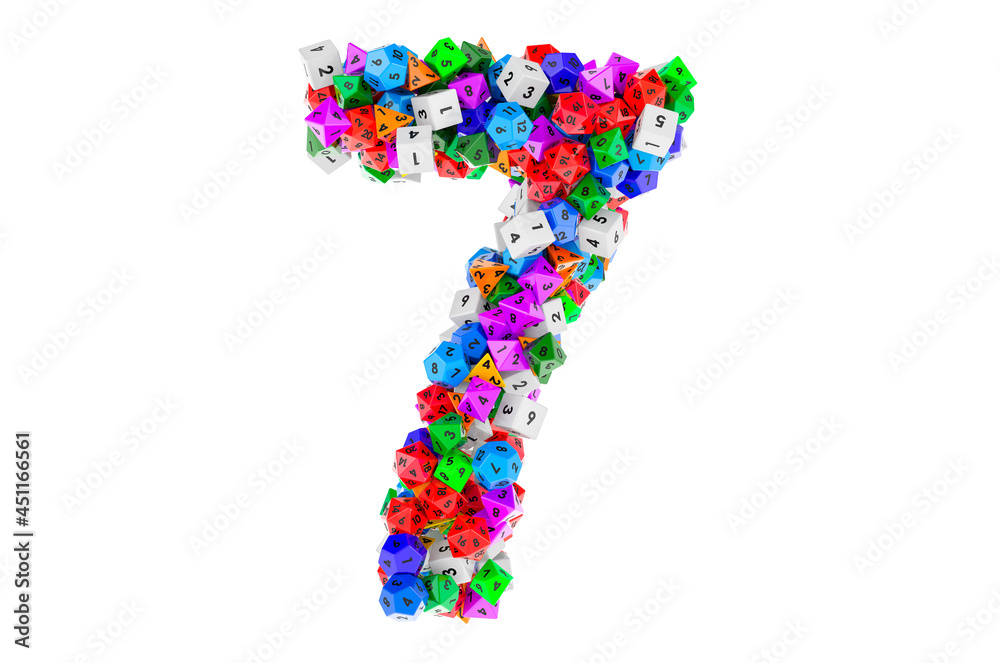 Number 7, from colored roleplaying dice. 3D rendering Number 7, from colored roleplaying dice. 3D rendering