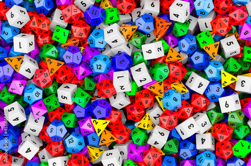 Background from colored roleplaying dice in various colors. 3D rendering