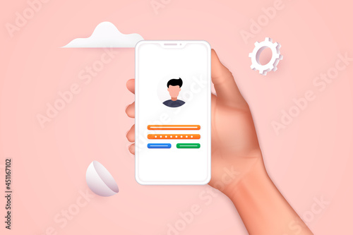 Sign in to online account on smartphone app. User interface. Secure login and password. 3D Vector Illustrations