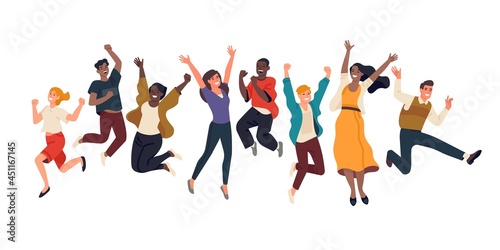Happy jumping people. Joyful young men and women, energetic multinational persons group, cheerful friends, funny active team. Vector set