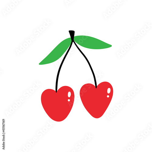 Cute cartoon style heart-shaped red cherry vector icon, illustration.