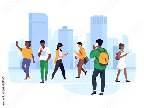 People with phones on street. Women and men in city use gadgets in motion, chatting and calling, casual urban characters vector concept