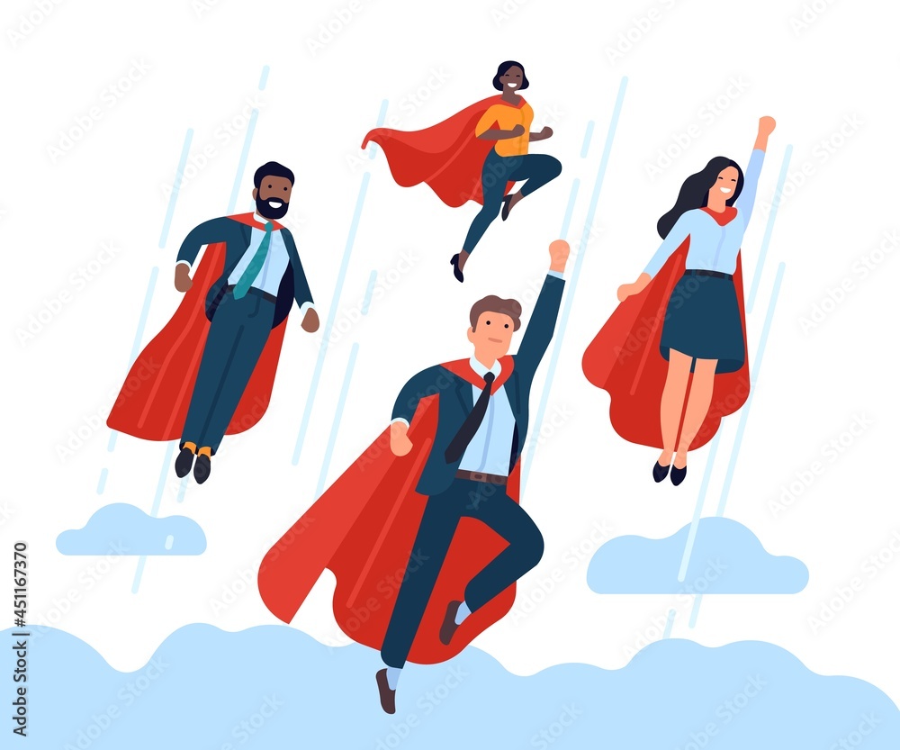 Super businessman team. Flying office employees team, hero poses and red capes, corporate interaction, successful work vector concept - obrazy, fototapety, plakaty 