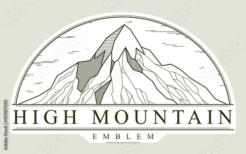 Mountains range linear vector emblem isolated on white, line art drawing of mountain peaks wilderness wanderlust logo, beautiful nature landscape badge.