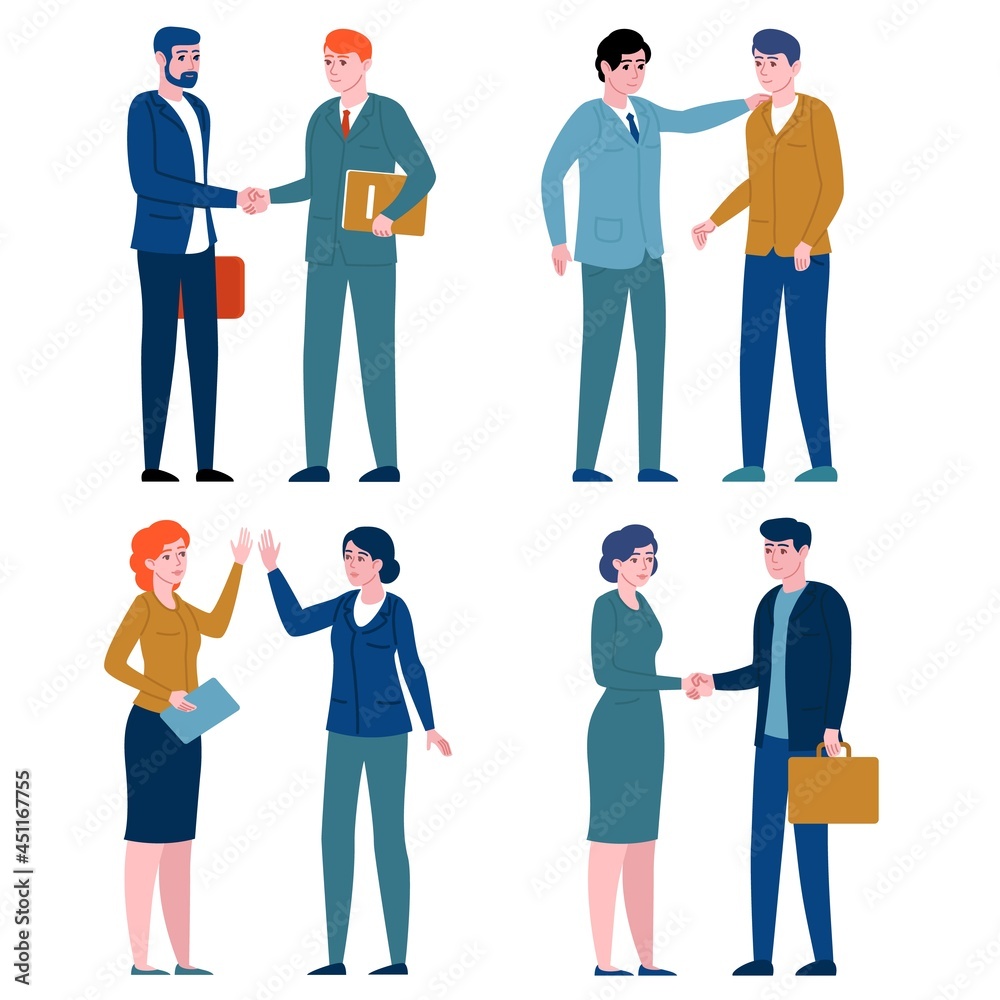 Business greeting people. Office employees greet with gestures, corporate colleagues shake hands, give five, clap on shoulder. Vector set