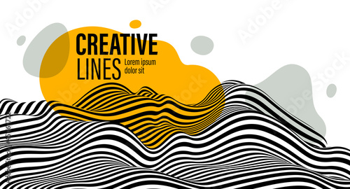 Abstract vector 3D lines with yellow fluid splat background, black and white curves linear perspective dimensional terrain optical pattern.