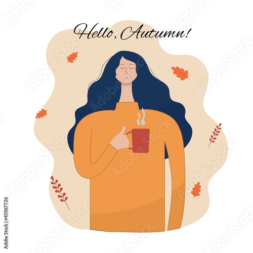 Vector illustration of a girl with a mug of tea. Hello, autumn.