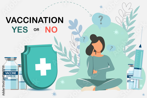 A beautiful girl thinks whether she will be vaccinated or not. Yes or no. Coronavirus vaccination concept. Pandemic concept