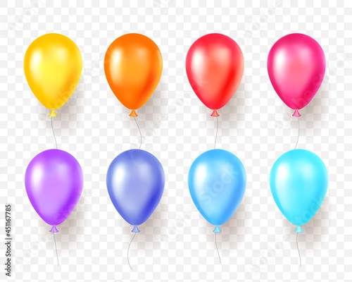 Realistic color balloons. 3d round shape multi color party objects, bright shades holiday elements, festival and carnival decor. Vector set