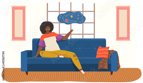 Woman lying on sofa in apartment. Happy young girl relaxing, dreaming. Rest on couch and think about something. Home leisure. Female lies on divan and smiles, enjoying time at home after work