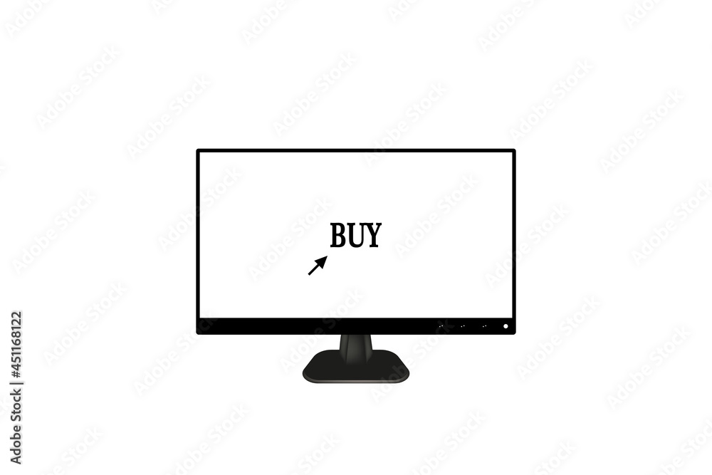 Shopping with store application. monitor PC with text on screen BUY. Vector illustration on white background