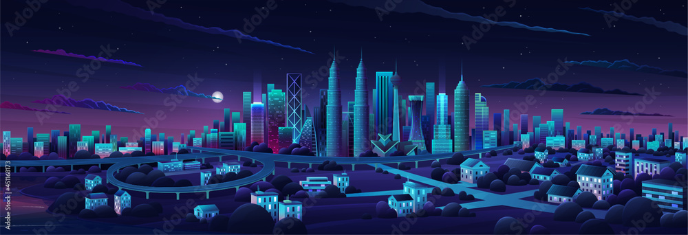 Obraz premium Simple flat illustration of Kuala Lumpur city in Malaysia and skyline landmarks. Panorama cityscape of middle Kuala Lumpur. Famous buildings and landmarks included Malaysia. City center night time