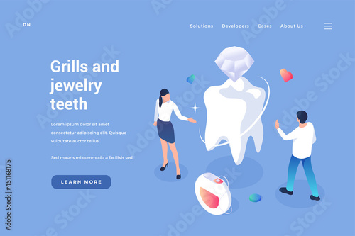 Inserting jewelry into teeth. Aesthetic dentistry with elite materials. Installation and prosthetics implants made of precious metals and diamond inserts. Vector home page isometric template