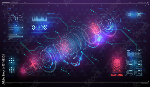 High tech frame. Red Futuristic VR display. Abstract tech Space. Cyberpunk Sci-fi illustration. Head-up screen for games and apps. Futuristic abstract technology Template. HUD interface backdrop.