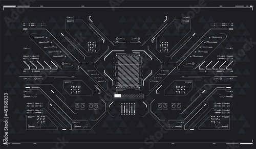 Cyberpunk Sci-fi illustration. Futuristic abstract technology Template. Red Futuristic VR display. Abstract tech Space. Head-up screen for games and apps. High tech frame. HUD interface backdrop.