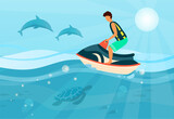 Young man in life jacket on water bike jumping over waves of sea. Guy does tricks on water scooter, rides waves. Vacation at sea, sports, pastime near ocean. Seascape with dolphins and sportsman