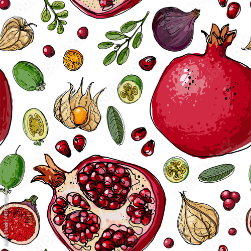 Vector pattern from different fruits. Colored sketch of food. Summer ornament, melon, watermelon, berries.