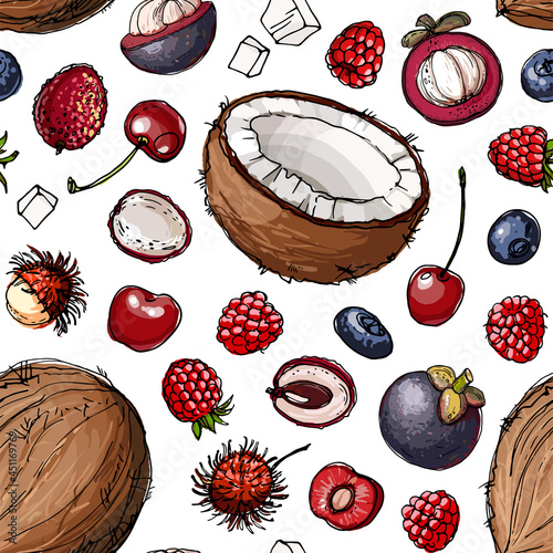 Vector pattern from different fruits. Colored sketch of food. Summer ornament, melon, watermelon, berries.