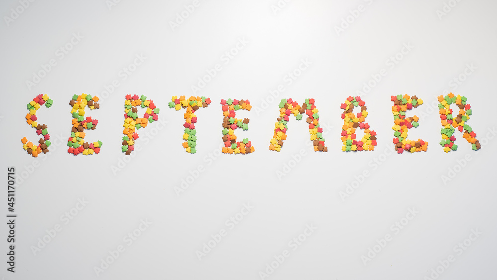 The inscription September on a white background. Confectionery sprinkles in the form of multi-colored maple leaves. Widescreen. The inscription September on a white background. Confectionery sprinkles in the form of multi-colored maple leaves. Widescreen.