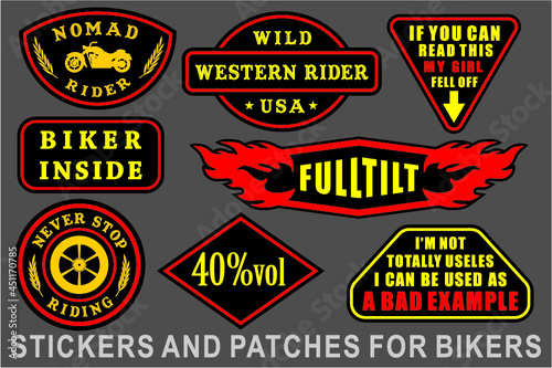 A set of stickers and patches for bikers