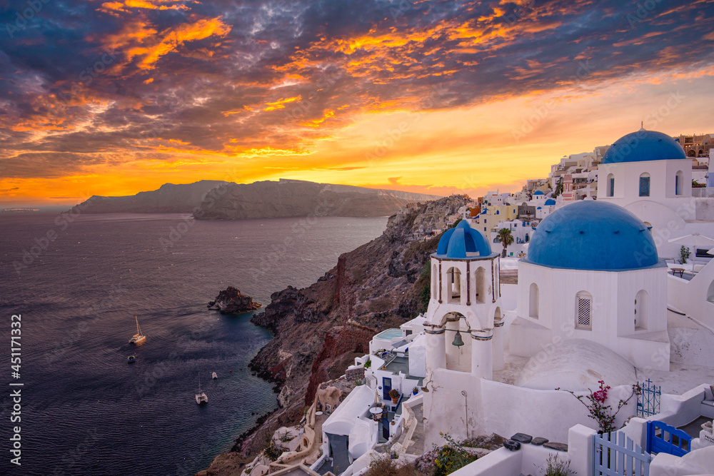 Amazing caldera views of Oia village, Santorini island, Greece. Luxury summer travel landscape, vacation holiday scenic. Stunning sunset sky, white architecture famous view, inspire tourism background