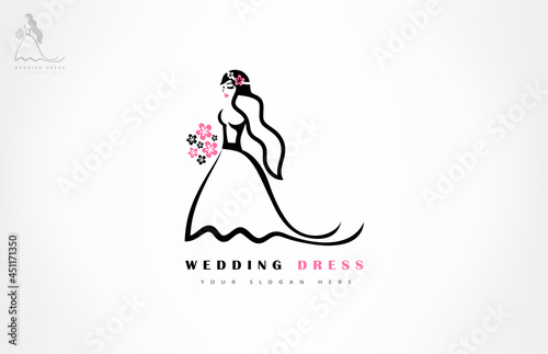 Bride in a wedding dress with a bouquet and veil logo vector.