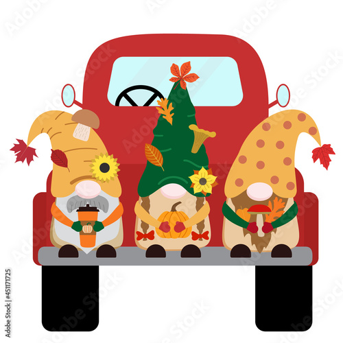 Cartoon harvest fall vector gnomes in a red old truck with orange pumpkin, coffee cup, forest mushrooms, dry fallen leaves. Isolated on white background.