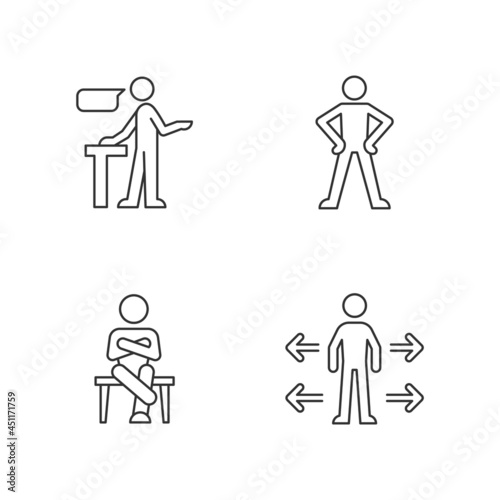 Communication skills linear icons set. Confident speaking. Confidence body language. Personal space. Customizable thin line contour symbols. Isolated vector outline illustrations. Editable stroke