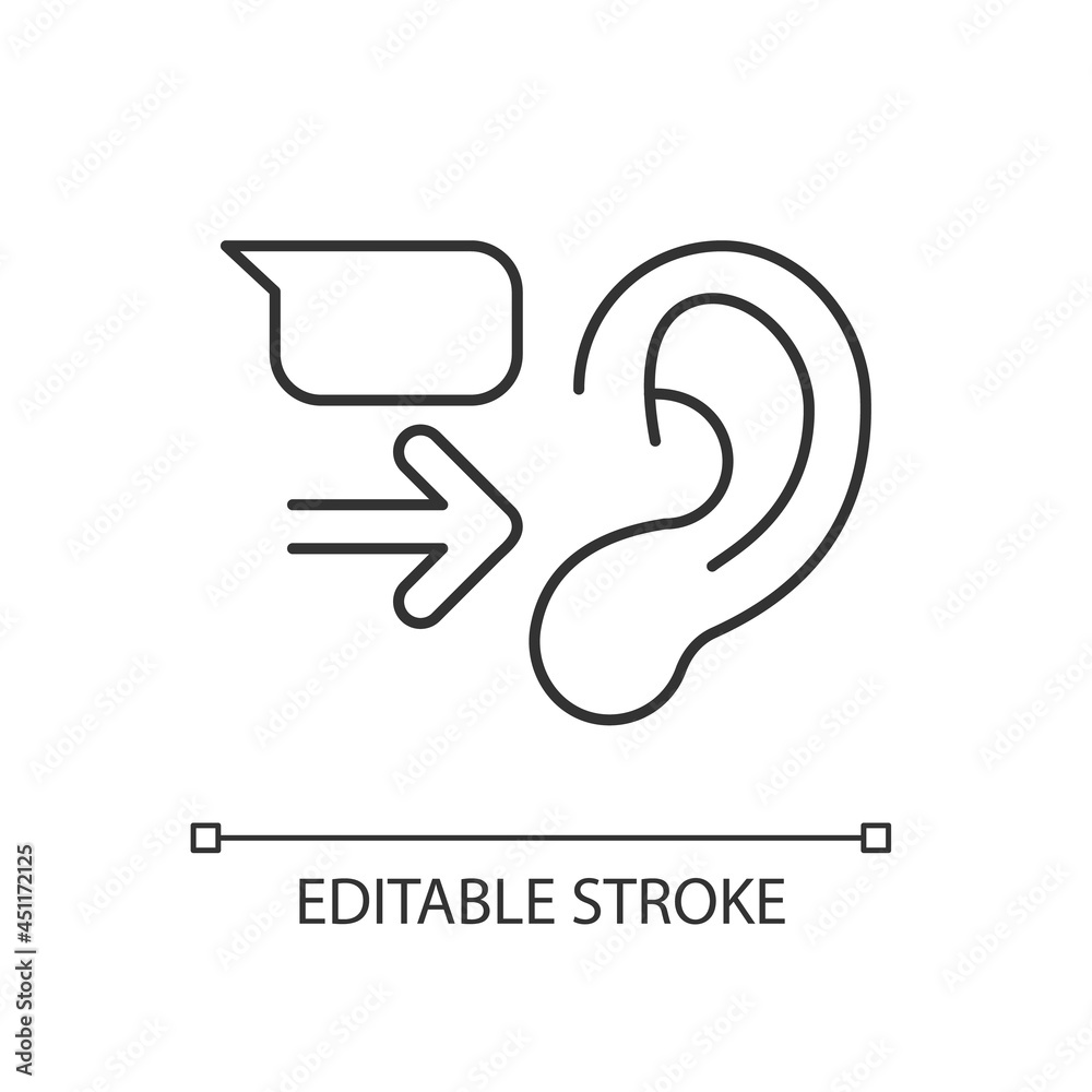 Message receiver linear icon. Communication process. Transmitting words. Empathy skills. Thin line customizable illustration. Contour symbol. Vector isolated outline drawing. Editable stroke Message receiver linear icon. Communication process. Transmitting words. Empathy skills. Thin line customizable illustration. Contour symbol. Vector isolated outline drawing. Editable stroke