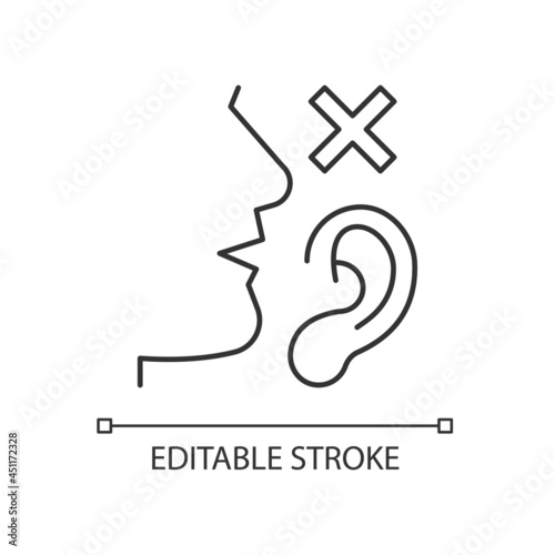 Language disabilities linear icon. Physiological barriers to communication. Sensory dysfunction. Thin line customizable illustration. Contour symbol. Vector isolated outline drawing. Editable stroke
