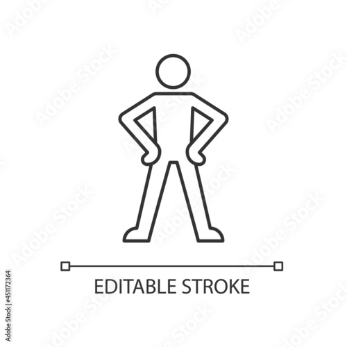 Confidence body language linear icon. Standing in confident posture. Expressing assertiveness. Thin line customizable illustration. Contour symbol. Vector isolated outline drawing. Editable stroke
