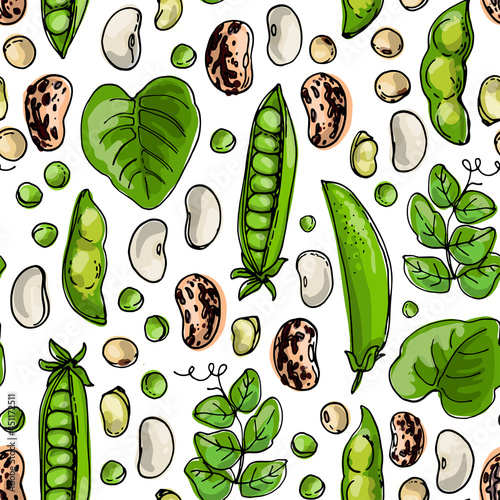 Seampless pattern vector color food. White beans, green beans, soybeans, green peas.