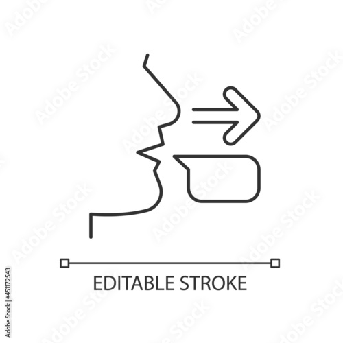 Message sender linear icon. Communication process initiator. Transferring message to receiver. Thin line customizable illustration. Contour symbol. Vector isolated outline drawing. Editable stroke