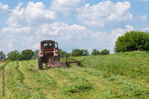 Windrows of freshly mown hay with a tractor mowing machine