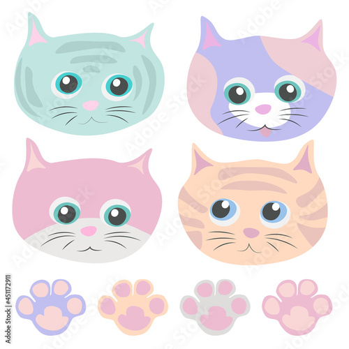 Vector set of cute muzzles and paws of cats on white background. Pastel colors.