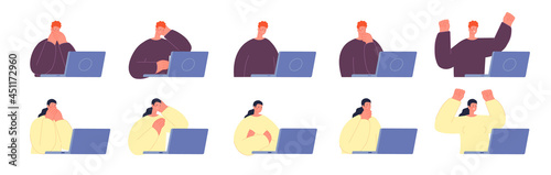 Man working on laptop. Woman solve problem with computer, think office people. Freelance workers, emotional boy girl utter vector characters