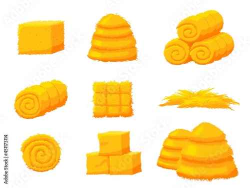 Cartoon hay. Bale straw, isolated farmers agriculture elements. Yellow dry grass, autumn harvest season. Haystack and pile wheat recent vector collection