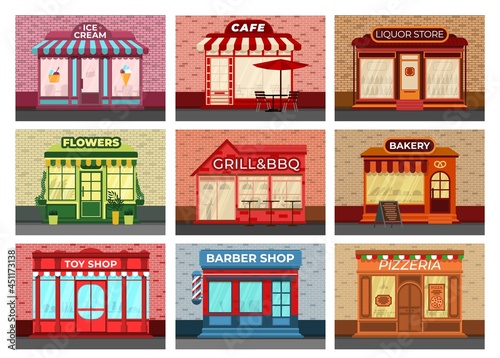 Retro store facades. Different stores, local storefront in brick wall. City shop, bakery supermarket and barber retail. Commercial building recent vector set