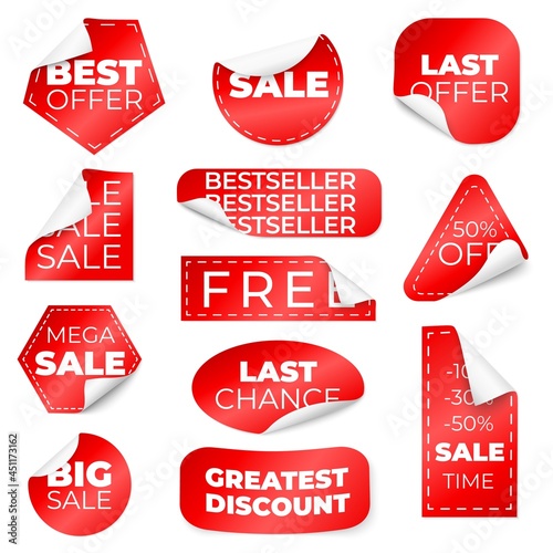Red curled sale stickers. Discount labels with curl edge, low pricing tags. Isolated store badges, christmas or seasonal special prices recent vector set