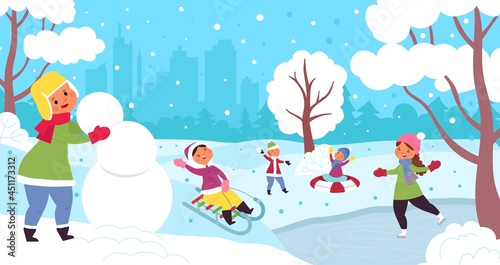 Cartoon winter kids. Child illustration, kid snowy christmas vacations. Fun children group playing snowball and skating decent vector scene