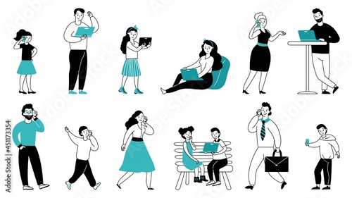 Person surfing internet. Young people with phone, guys browsing computer. Wifi access, adult girl read message. Addiction decent vector set