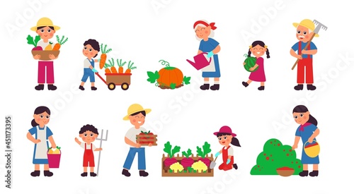 Harvest autumn collection. Gardening women  farmer working in garden. Fresh vegetable  isolated agriculture people and children decent vector set