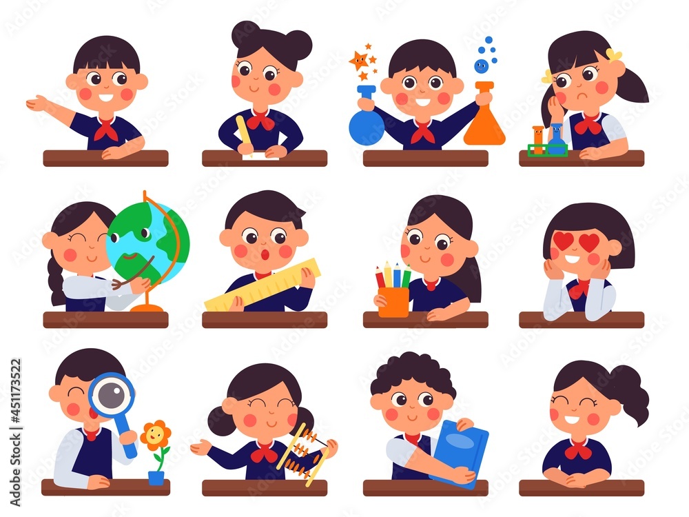 Students sitting at desks. Student study, kids writing or prepare to school. Cute cartoon preschool children, boy girl learning decent vector set Students sitting at desks. Student study, kids writing or prepare to school. Cute cartoon preschool children, boy girl learning decent vector set